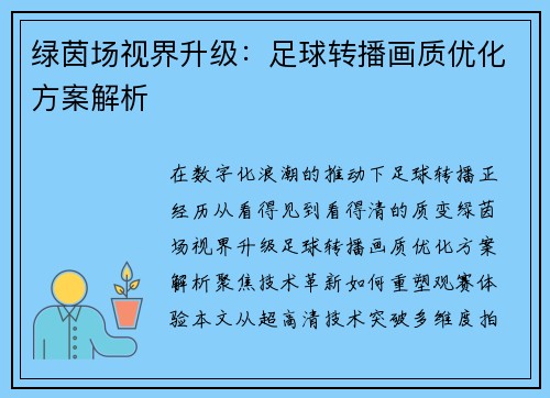 绿茵场视界升级：足球转播画质优化方案解析