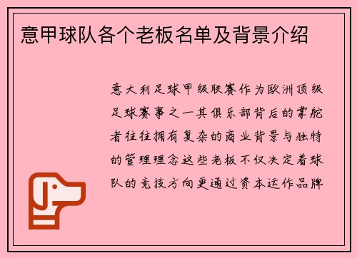 意甲球队各个老板名单及背景介绍