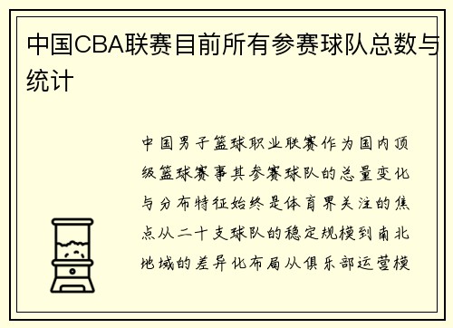 中国CBA联赛目前所有参赛球队总数与统计